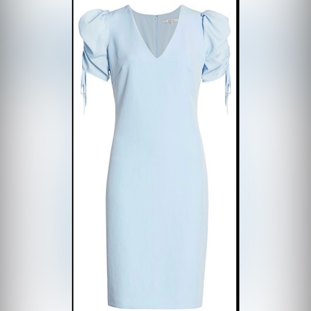 Badgley Mischka Sky Blue Midi Dress with Puff Sleeves